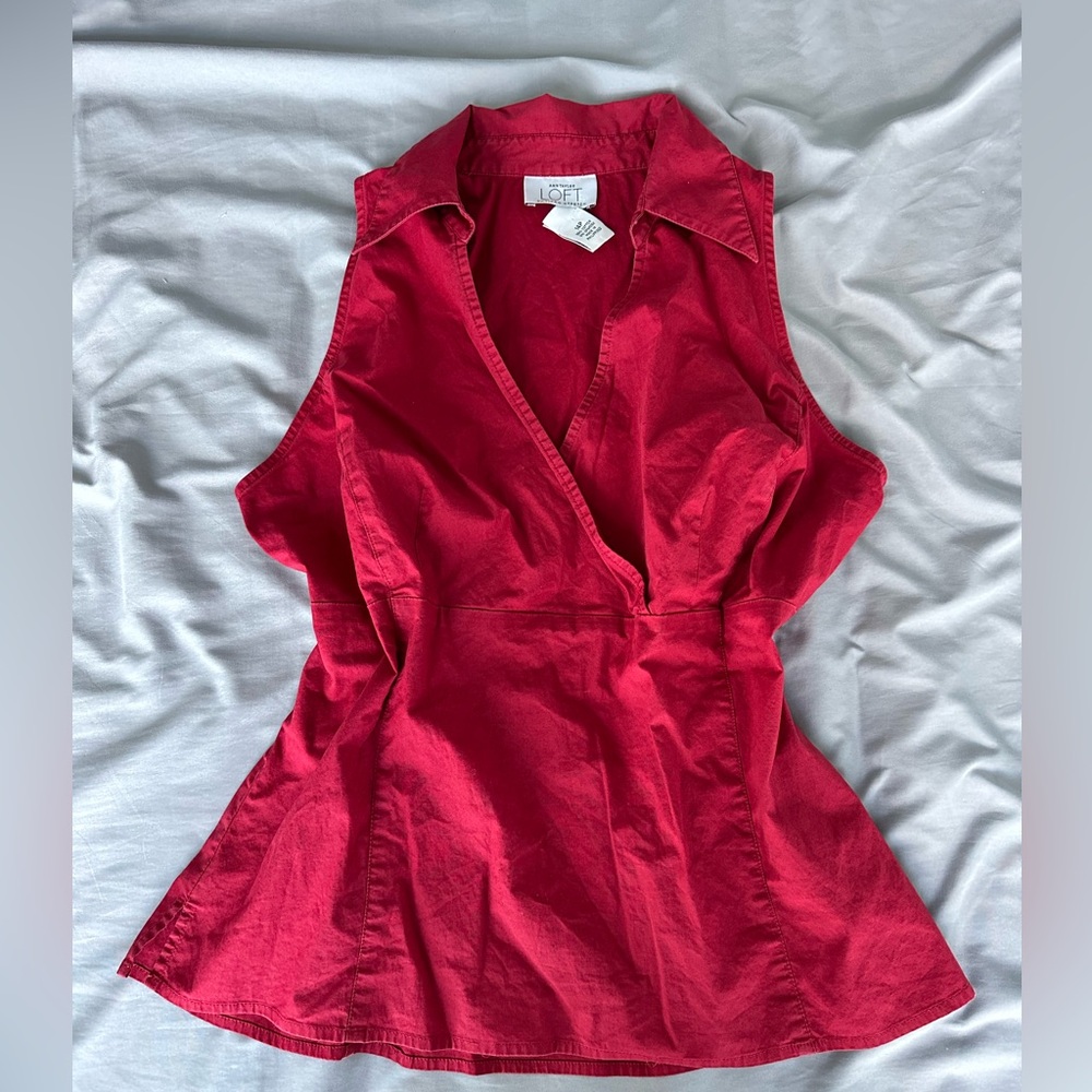Y2K LOFT Vibrant Red Collared Blouse Babydoll V neck